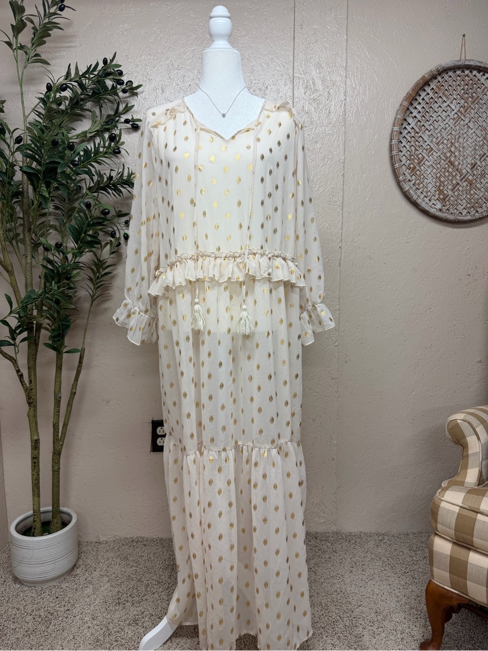 Mazik Cream Maxi Dress with Gold Dot Detail